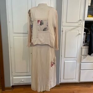 VTG S.L. Fashions Women's 2 Piece Dress Set Floral Beige‎ Greek Key Size 18 Boho